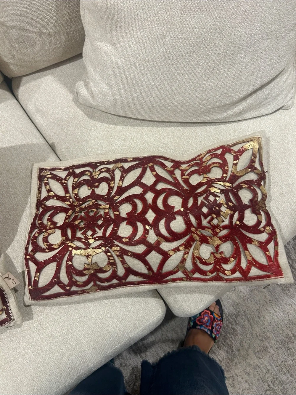 Decorative Cream Throw Pillows with Red Cutout Overlay - Set of 2